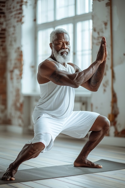 Homem preto a praticar ioga.