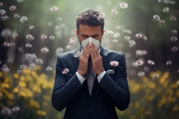 Homem que sofre de alergia por estar exposto ao pólen de flores ao ar livre