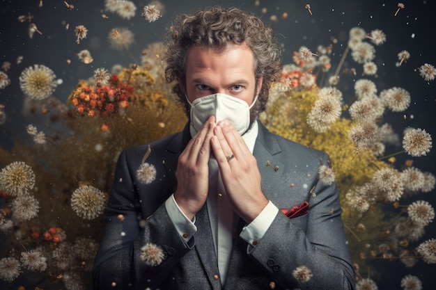 Foto grátis homem que sofre de alergia por estar exposto ao pólen de flores ao ar livre