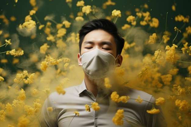 Foto grátis homem que sofre de alergia por estar exposto ao pólen de flores ao ar livre