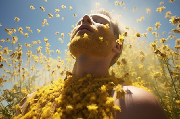 Homem que sofre de alergia por estar exposto ao pólen de flores ao ar livre