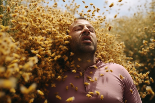 Homem que sofre de alergia por estar exposto ao pólen de flores ao ar livre