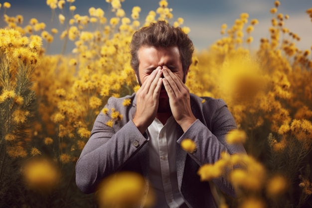 Foto grátis homem que sofre de alergia por estar exposto ao pólen de flores ao ar livre