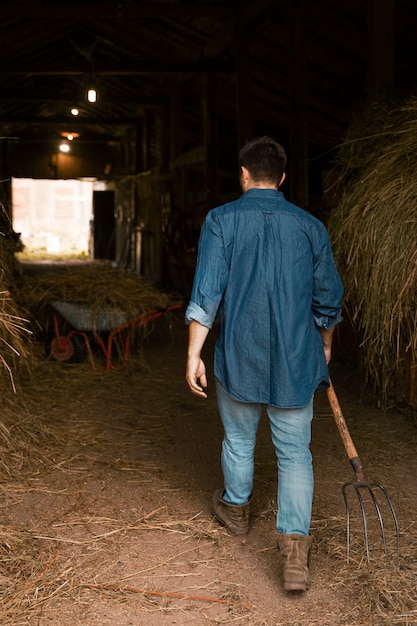 Homem que trabalha com vista traseira do forcado