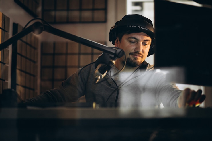 Foto grátis homem que trabalha em uma estação de rádio