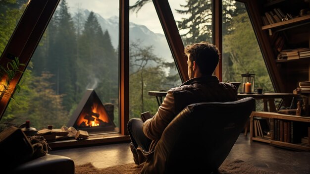 Homem relaxando com um livro junto à janela em uma cabana de madeira