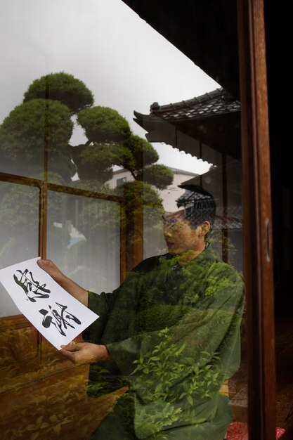 Homem segurando um papel com caligrafia japonesa