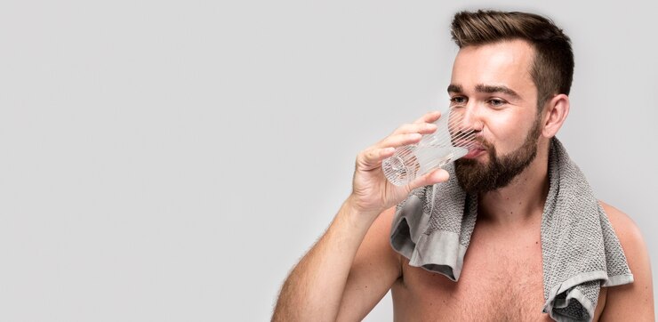 Foto grátis homem sem camisa bebendo água com espaço de cópia