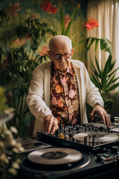 Homem sênior de tiro médio sendo DJ