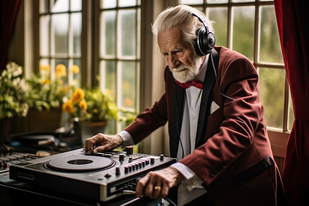 Homem sênior de tiro médio sendo DJ