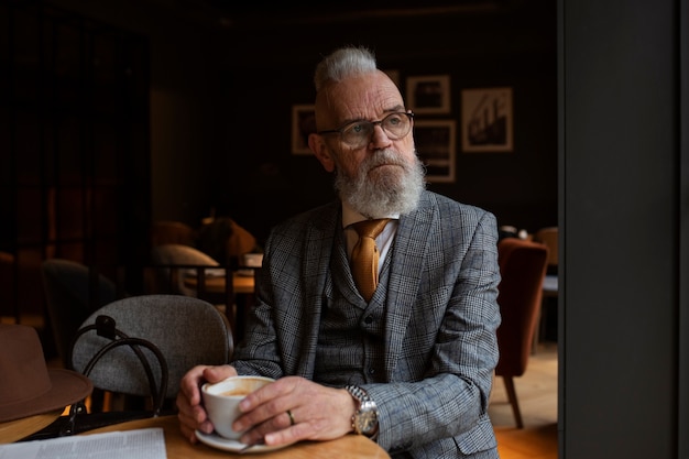 Foto grátis homem sênior de tiro médio sentado no café