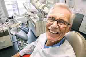 Foto grátis homem sênior expressão feliz e surpreso em uma clínica de dentista