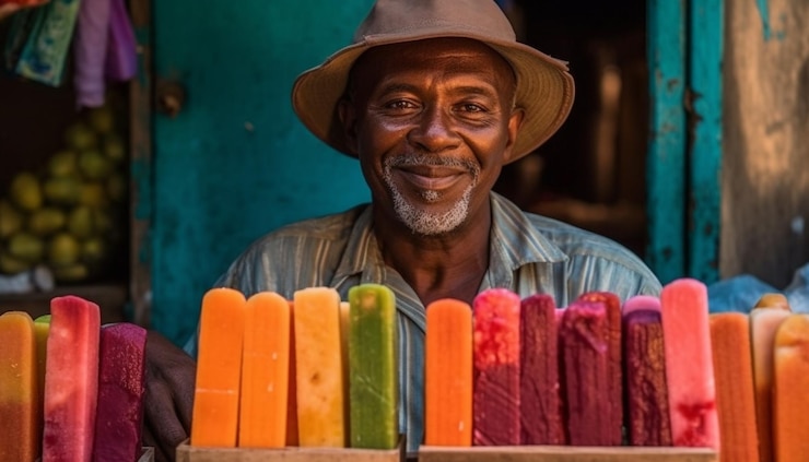 Foto grátis homem sênior sorridente segurando frutas frescas ao ar livre geradas por ia