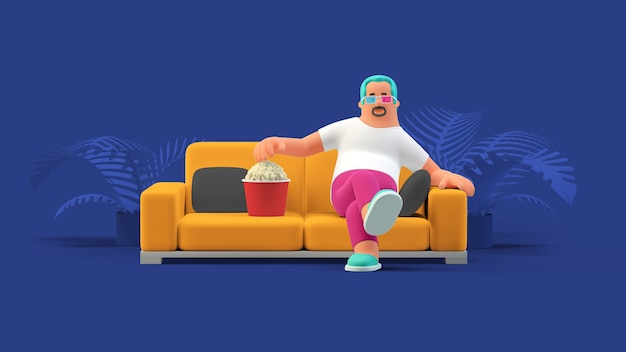 Homem sentado no sofá de óculos 3d, comendo pipoca, assistindo a videogame 3d.