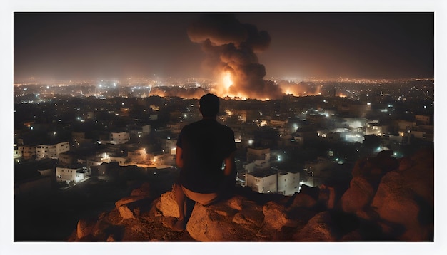 Foto grátis homem sentado no topo de uma montanha e olhando para a cidade à noite