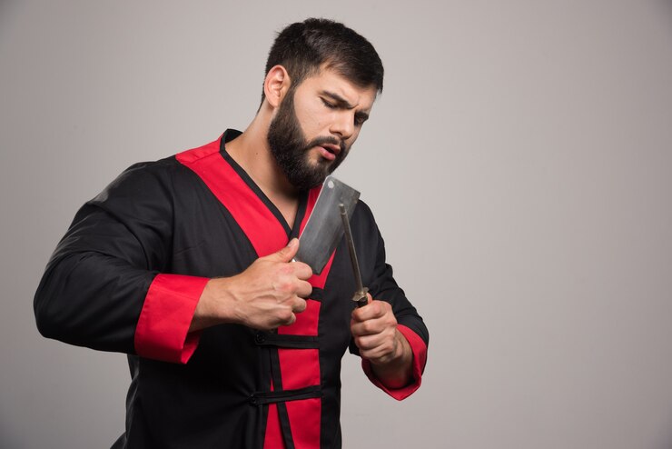 Foto grátis homem sério, segurando a chave de fenda e a faca.