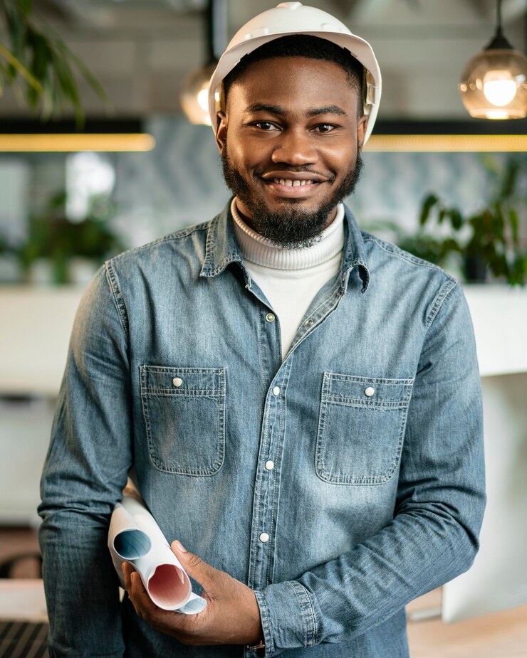 Foto grátis homem sorridente de tiro médio posando com capacete