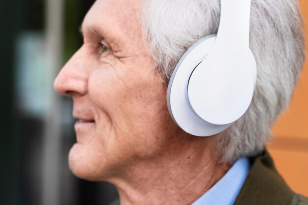 Homem sorridente mais velho na cidade ouvindo música em fones de ouvido