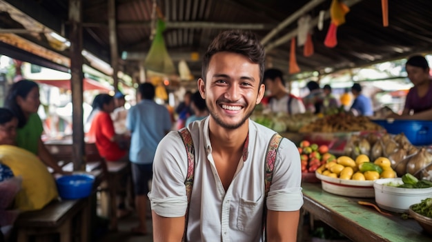 Homem sorrindo na feira de mercado