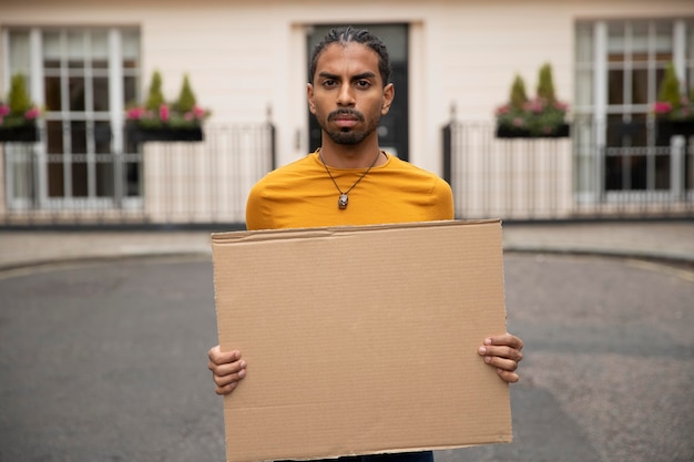 Homem tiro médio segurando cartaz