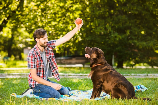 Homem, tocando, com, seu, cão, em, jardim