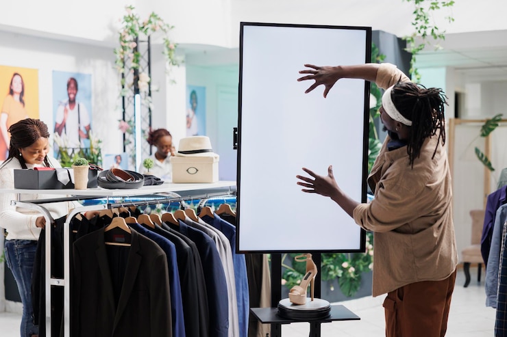 Foto grátis homem tocando quadro interativo para ver anúncio de sapato em loja de roupas. cliente afro-americano interagindo com a tela digital em branco branco enquanto fazia compras no shopping