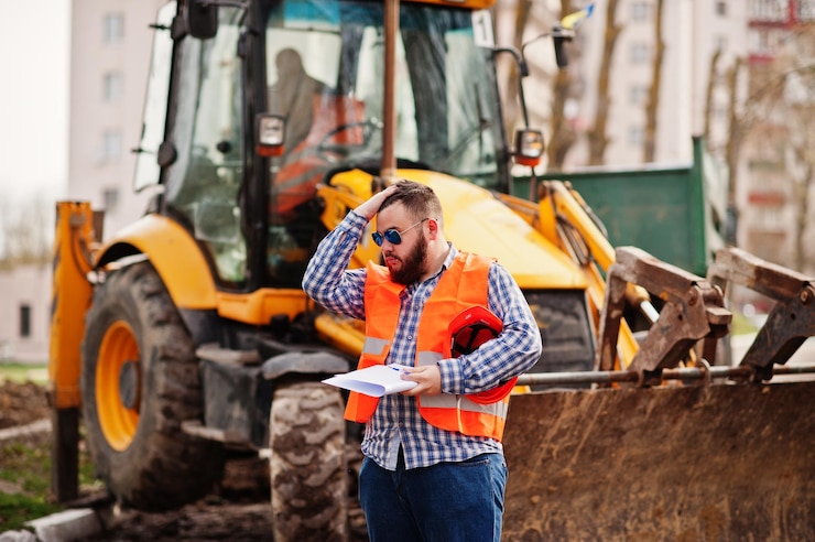Foto grátis homem trabalhador de barba brutal terno trabalhador da construção civil em óculos de sol de capacete laranja de segurança contra traktor com papel de plano nas mãos