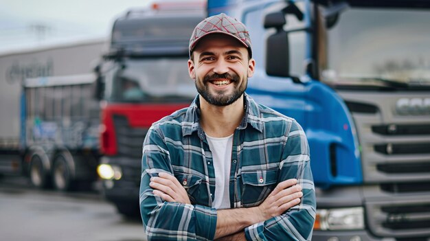 Homem trabalhando como motorista de caminhão posando