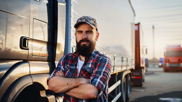 Homem trabalhando como motorista de caminhão posando