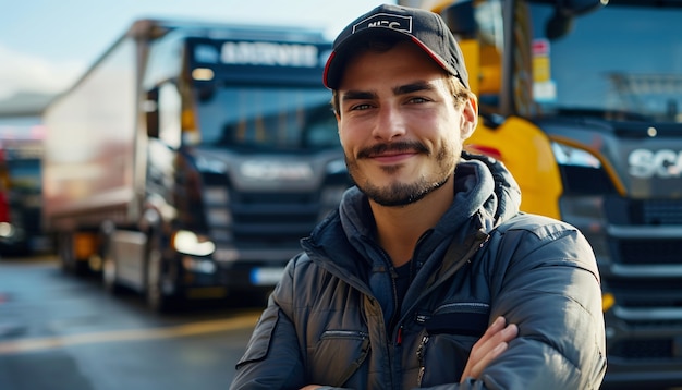 Homem trabalhando como motorista de caminhão posando