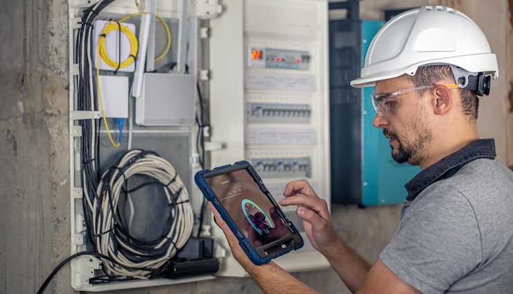 Foto grátis homem um técnico elétrico que trabalha em um quadro de distribuição com fusíveis usa um tablet