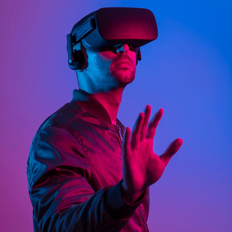 Foto grátis homem usando óculos vr com fundo gradiente