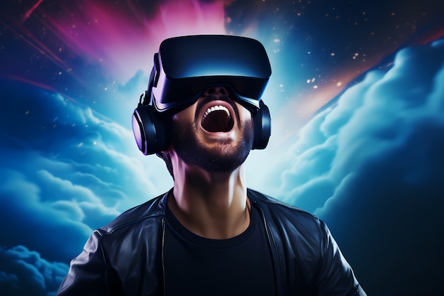 Homem usando óculos VR para jogos