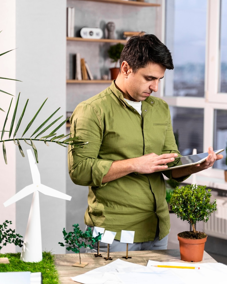 Foto grátis homem usando tablet para um layout de projeto de energia eólica ecologicamente correto