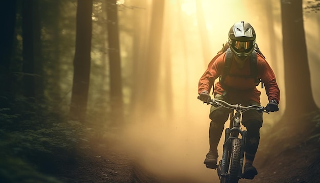 Foto grátis homens andando de bicicleta pela aventura de esportes radicais na floresta gerada por ia