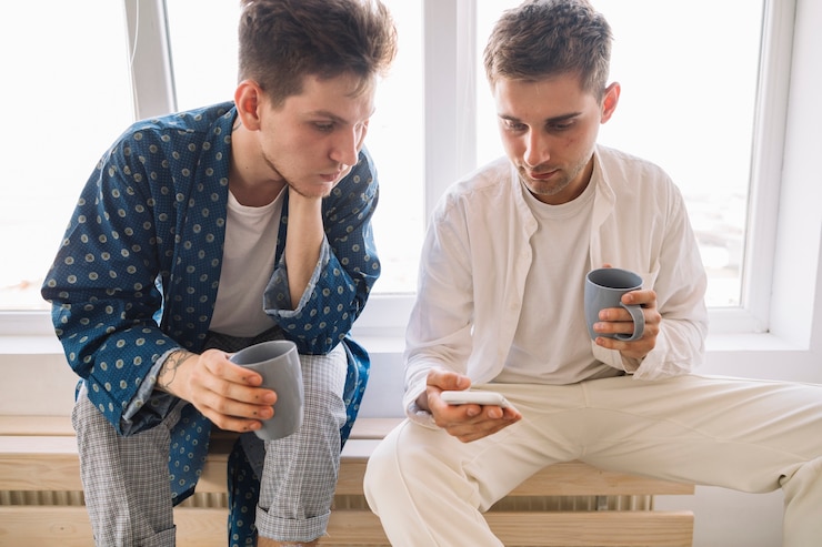 Foto grátis homens bonitos olhando no celular segurando a xícara de café na mão