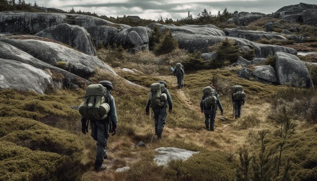 Homens caminhando com sucesso no pico da montanha à vista gerado por IA