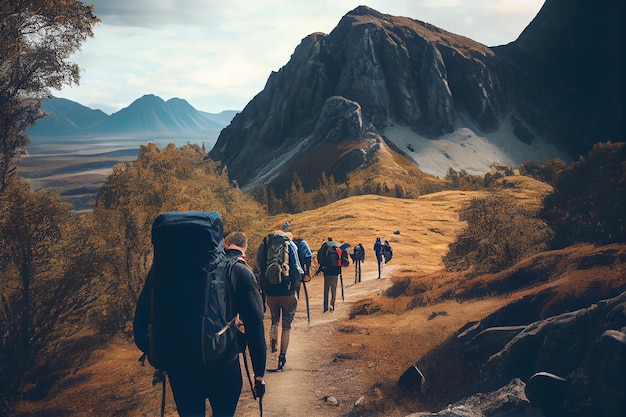 Homens de caminhada conquistam picos de montanha, aventura aguarda IA generativa