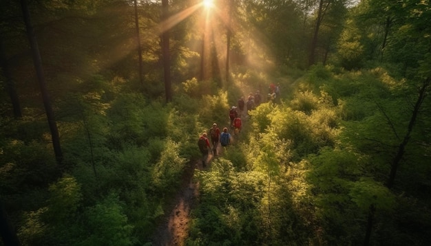 Foto grátis homens e mulheres caminhando pela floresta nebulosa gerada por ia