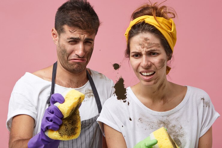 Foto grátis homens e mulheres desarrumados fazendo suas tarefas domésticas limpando janelas olhando para a mancha preta com olhar nojento tentando limpá-la com esponjas. pessoas, casa, trabalho doméstico, conceito de limpeza