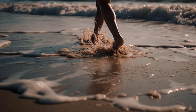 Homens e mulheres descalços chapinhando em ondas alegremente geradas por IA