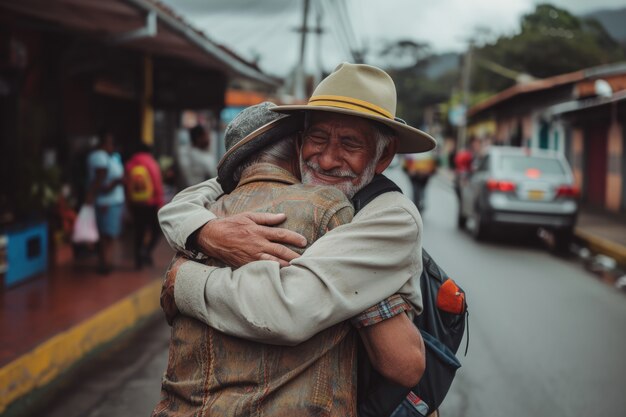 Homens idosos de tiro médio abraçando