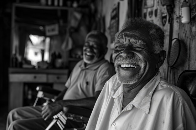 Homens idosos de tiro médio rindo