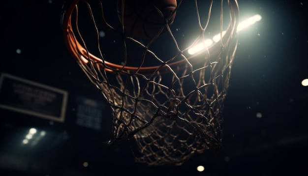 Foto grátis homens jogando basquete sob equipamento de iluminação noturna iluminada gerada por ia