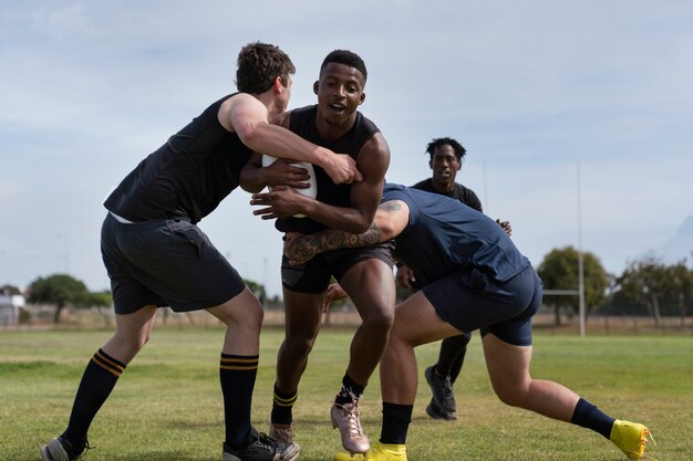 Homens jogando rugby no campo