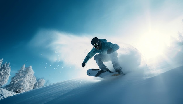 Homens snowboard salto extremo aventura de acrobacias de montanha generativa IA