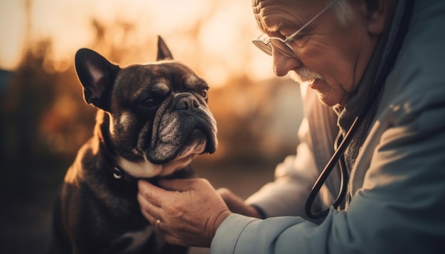 Foto grátis homens sorridentes abraçam um buldogue enrugado ao ar livre alegremente generativa ai