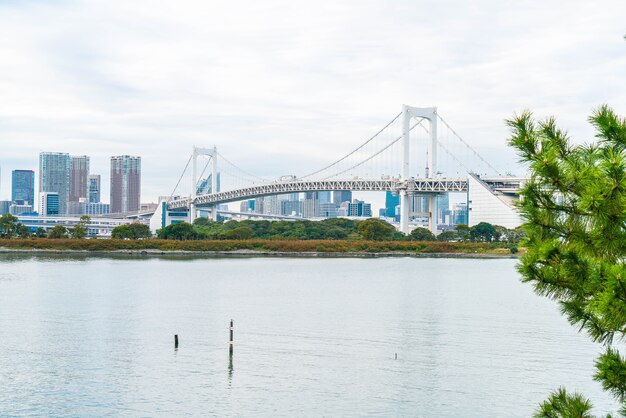 Horizonte de Tóquio com a torre de Tóquio e a ponte do arco-íris.