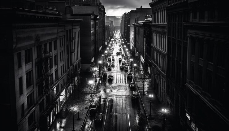 Foto grátis ia geradora de rastro de luz de ponto de fuga monocromático da cidade