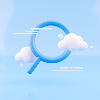Ícone de pesquisa de renderização 3d com nuvem sobre fundo azul. lupa, lupa, ampliação, ícone de pesquisa 3d renderização de fundo abstrato